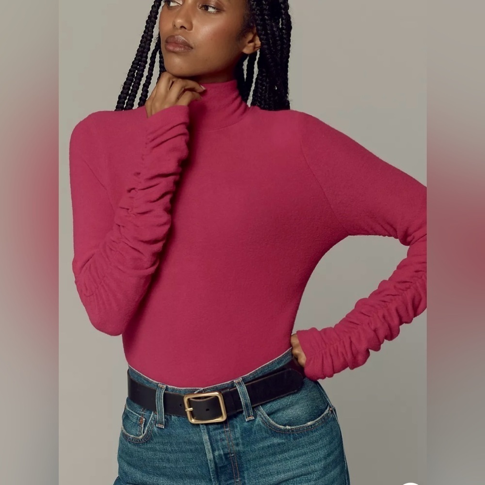 Anthropologie Pink Turtleneck Ruched Sleeve Top XXS